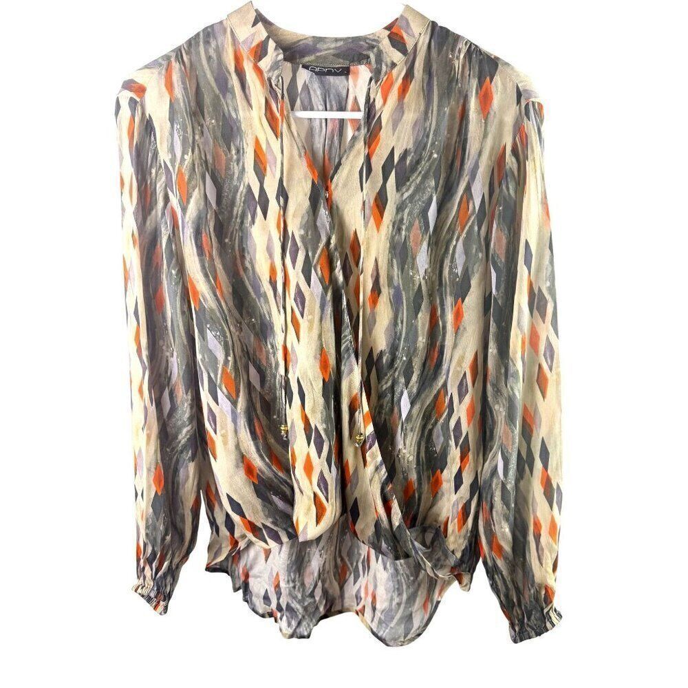 NWOT APNY Women's Abstract Diamond Print Sheer Long Sleeve Top Sz L